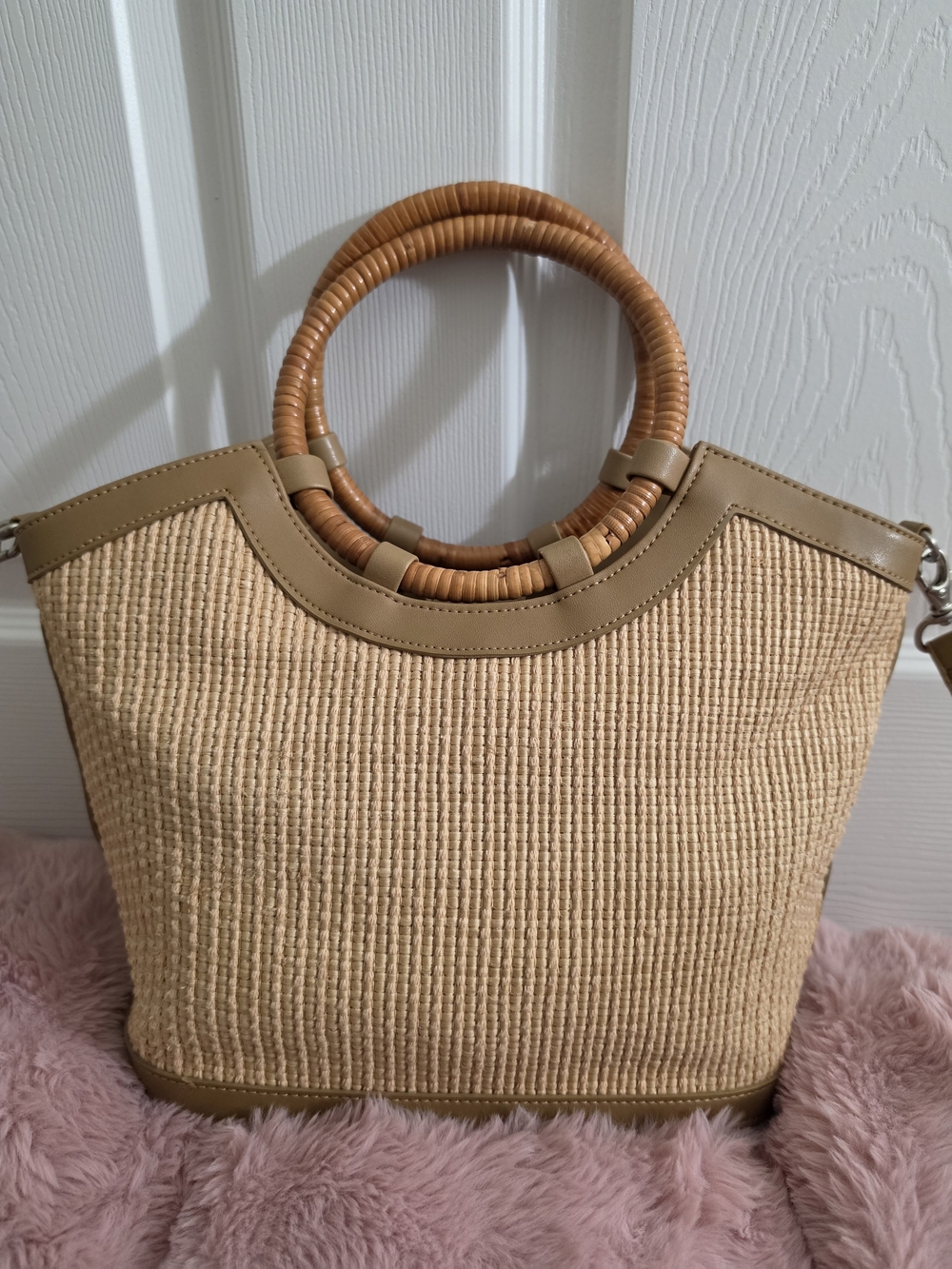 Fossil Beige Woven Tote with Bamboo-Style Handles